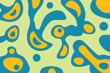 Abstract curvy shape wallpaper with fluid colorful forms in blue and yellow on light green background. Modern organic design perfect for digital art, backgrounds, and creative graphics.