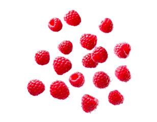 Fresh raspberries levitating against a soft purple background