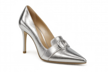 Stylish silver high heel shoe with a metal buckle, isolated on a transparent background, perfect for fashion and retail projects