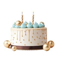 Elegant cake with blue frosting, gold decorations, and striped candles creates festive atmosphere. Perfect for celebrations and special occasions