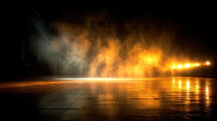 Stage floor with warm lighting and fog