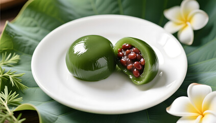Qingming festival qingtuan cut open with red bean filling