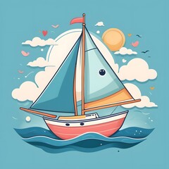 Fototapeta premium Charming sailboat glides on gentle waves under a sunny sky with playful clouds and hearts