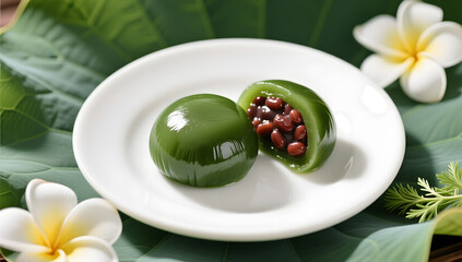 Qingming festival qingtuan cut open with red bean filling