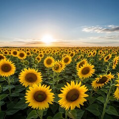 Golden Sunflower Field at Sunset - A Vibrant Summer Landscape.