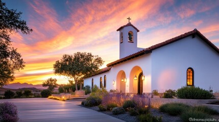 Naklejka premium An inviting mission church radiates warmth at dusk with a glowing sky and peaceful surroundings