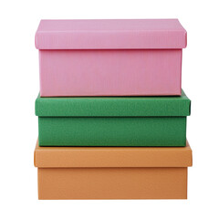 Three colorful storage boxes stacked, featuring pink, green, and orange hues, perfect for organizing with style