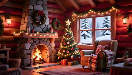 3D illustration of a cozy living room layout for Christmas