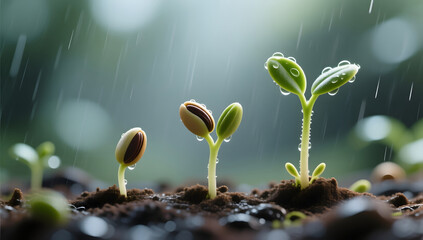 Plant saplings growing scene during rain season, Arbor Day concept illustration