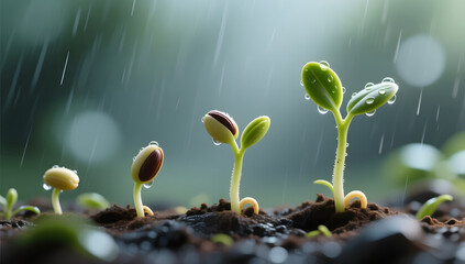 Plant saplings growing scene during rain season, Arbor Day concept illustration