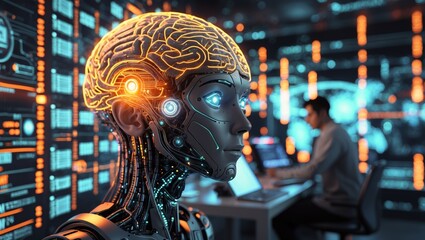 Futuristic AI Robot in High-Tech Control Room