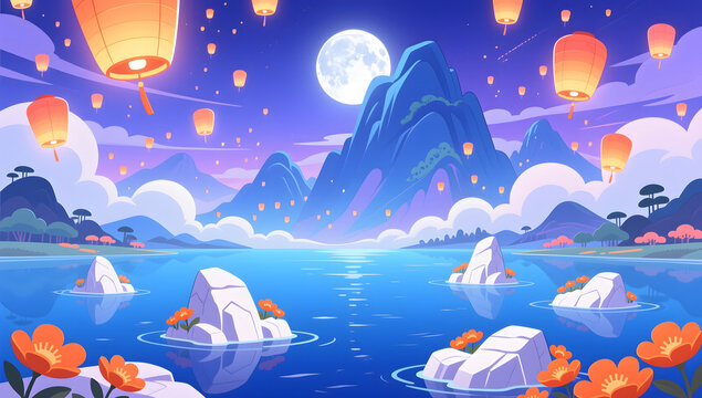 Mid-Autumn Festival Kongming Lantern Lantern Festival Lantern Missing Reunion Concept Illustration