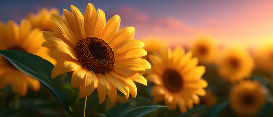 Obraz premium Sunflower field under warm summer sunlight