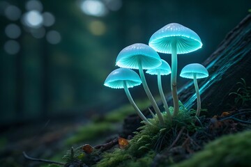 Cluster of glowing blue mushrooms in a forest at night