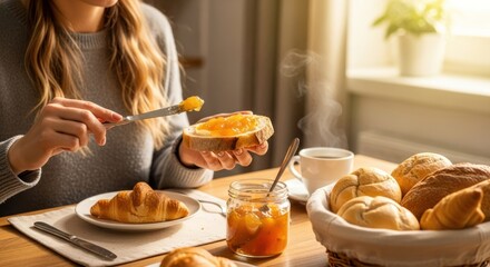 A woman eating a croissant with jam at a table with a basket of bread and a cup of coffee.