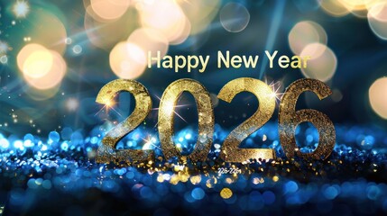 Festive Golden Number 2026 with Happy New Year Message in Bright Bokeh Background