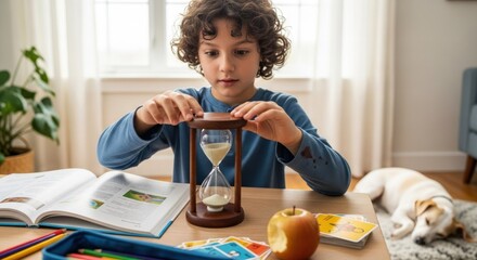 A young boy with curly hair sits at a table with an hourglass, an apple, and a card game. The setting is a cozy living room with a dog and a window in the background.