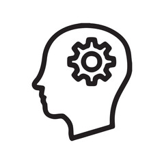 Human head with gear icon, thinking process, creativity and intelligence symbol in black outline