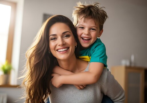 Joyful Embrace: Mother and Son Share a Loving Moment with Radiant Smiles