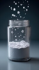 A glass jar filled with white powder has stars floating above and within, against a soft grey-blue background, creating a dreamy, magical still life