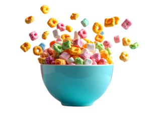 Whimsical bowl overflowing with colorful cereal and sweet marshmallows