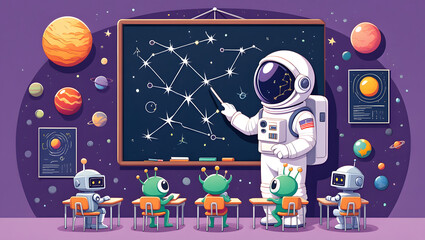 Astronaut teaches alien and robot students astronomy in a vibrant, cartoon-style classroom.
