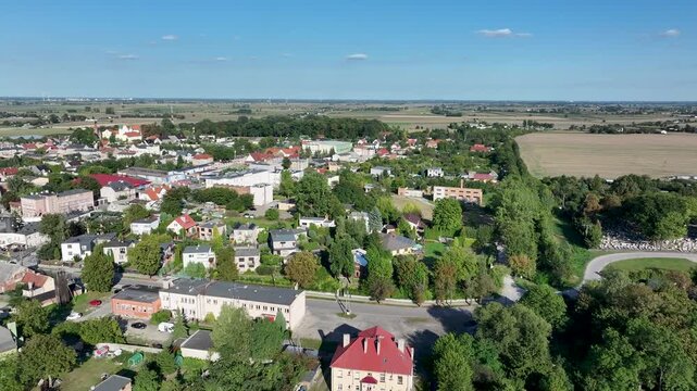Aerial Strzelno Poland city center. Central north Poland. German occupation World War II. Farm rural area. Historical trade and religious center. Historic buildings rural village.