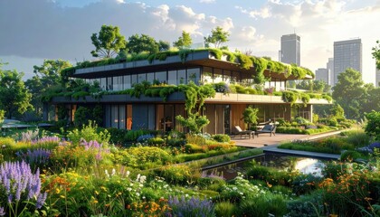 Obraz premium A modern, sustainable home with lush greenery, balconies, and surrounding gardens, beautifully landscaped and situated within a urban environment.