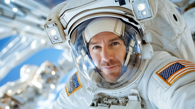Astronaut in space suit smiling, showcasing advanced technology and exploration spirit
