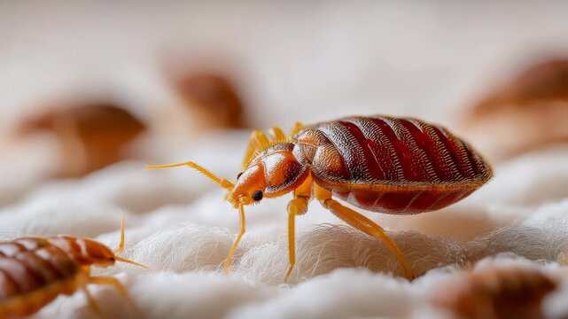 Detailed view of bed bugs on mattress fabric with shallow depth