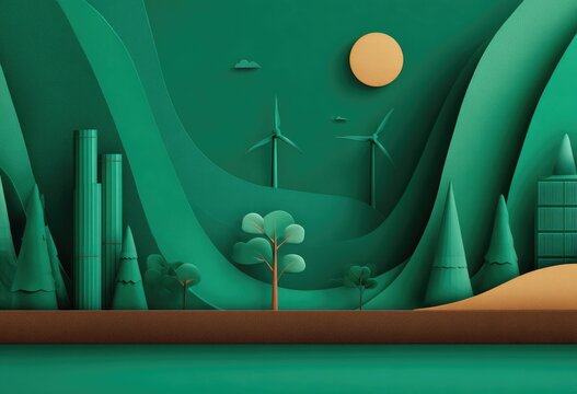 Verdant, paper-cut landscape with cityscape elements, stylized trees, and wind turbines, rendered in layered shades of green and brown under a yellow sun