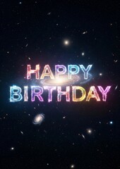 Cosmic neon &ldquo;Happy Birthday&rdquo; in starry galaxy &mdash; futuristic space party background