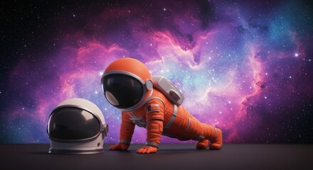 Fototapeta premium Chibi Astronaut's Cosmic Workout Pushing Boundaries in the Galaxy with helmet nearby