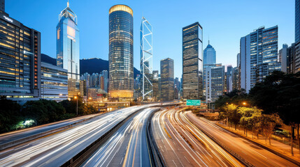 Busy city intersection with tall glass towers and vibrant traffic at dusk, showcasing urban life