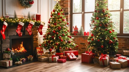 Festive Living Room Decor with Christmas Trees and Fireplace Warm Atmosphere Cozy Holiday Scene