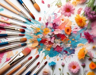 Obraz premium Artistic creation scene with paintbrushes and flowers white background 
