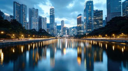 City skyline with glowing river reflections creates serene atmosphere at dusk