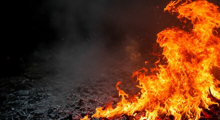A powerful blaze with bright orange flames, hot embers, and billowing smoke against a dark background
