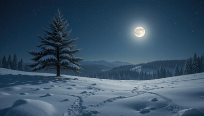 Snowy winter landscape with a full moon fir tree and footprints under a starlit night sky