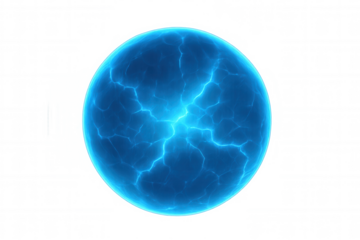Electric currents flowing through a blue plasma ball on a transparent background, creating a mesmerizing display of energy