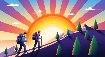 Fototapeta premium Two Backpackers Ascend a Mountain Slope Under a Vibrant Rainbow Sunburst Sky