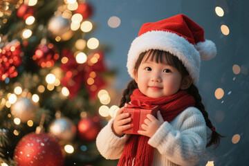 Smiling child in Santa hat holding a red gift box near a decorated Christmas tree with bokeh lights