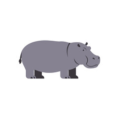Flat vector illustration of a hippopotamus standing with side profile, minimalistic cartoon design, simple wildlife character isolated