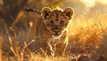 A captivating lion cub strolls through golden savanna grass at sunrise, radiating a sense of wonder and freedom.