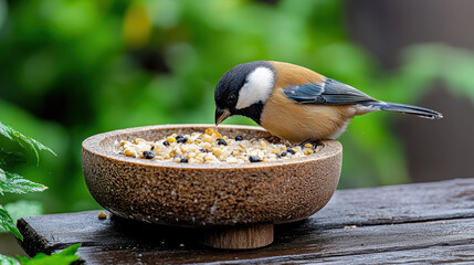 Close up of bird feeding from bowl, showcasing vibrant colors and natural setting