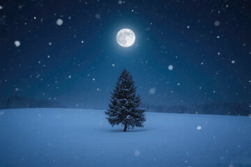 Fototapeta premium Full moon over a snowy winter landscape with a lone evergreen tree and falling snowflakes