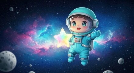 Naklejka premium Chibi Astronaut Holding a Glowing Star in a Cosmic Dreamscape