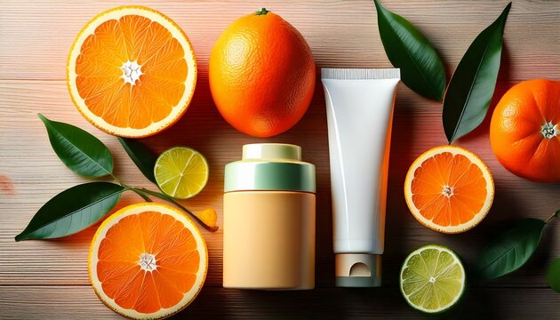  Citrus skincare products with fresh fruit and leaves 