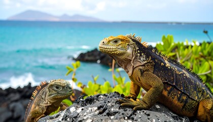 Two marine iguanas on a volcanic rock outcrop, ocean in the background