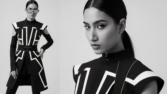 A striking monochromatic fashion showcase featuring an elegant model adorned in bold geometric patterns, highlighting modern design and artistic expression through dynamic poses.